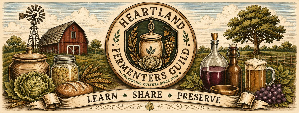 Heartland Fermenters Guild — a barn, fermentation crocks, bread, wine and beer amid heartland farmland, with the guild crest and the motto Learn, Share, Preserve